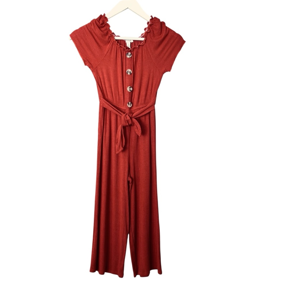 SPEECHLESS Kids Rust Red Wide Leg Jumpsuit Size Small Ribbed Ruffled Cap Sleeve